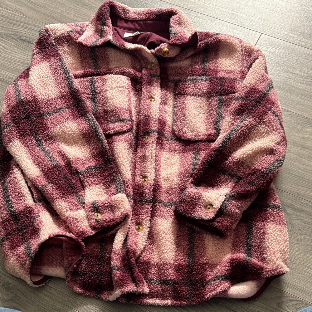Women's Burgundy Plaid Sherpa Shacket